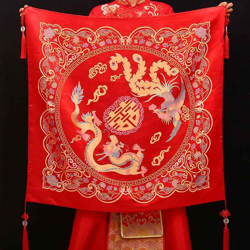 新娘红盖头结婚复古刺绣软头纱高档秀喜秤杆中式婚礼红色蒙头巾 - 图2