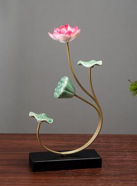创意荷花摆件新中式铁艺陶瓷莲花工艺品家居客厅玄关电视柜装饰品