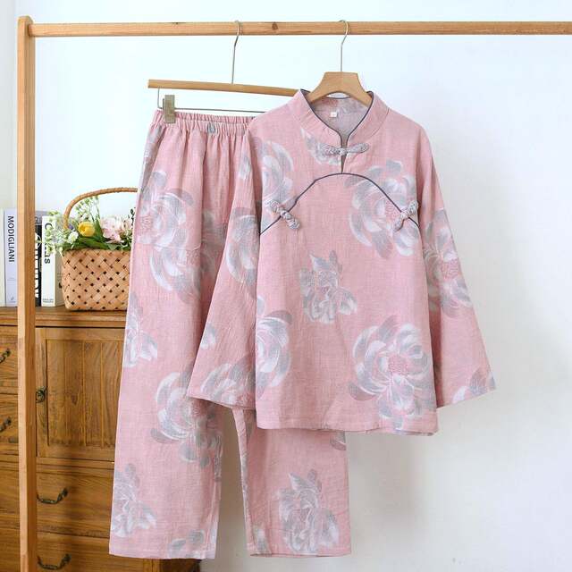 Four seasons thin women's pure cotton yarn-dyed double-layer gauze home clothes double-sided jacquard stand-up collar pipa button trousers long-sleeved style Chinese