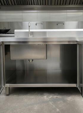 酒店厨房超市海鲜市场厨柜带水池双三不锈钢一体水池操作台
