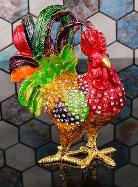 彩釉公鸡摆件鸡鸣富贵吉祥如意招财母鸡合金镶钻首饰盒装饰摆件