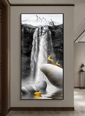 新中式入户玄关装饰画金瀑鹿山客厅晶瓷画走廊尽头过道楼梯间挂画