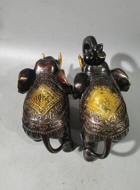 铜大象摆件紫铜鎏金财福大象一对吸水象大象福财客厅装饰品