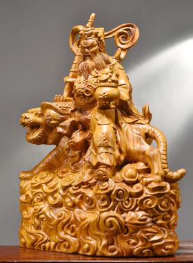 香樟木雕骑虎赵公明神像摆件实木武财神五路财神家居客厅玄关装饰
