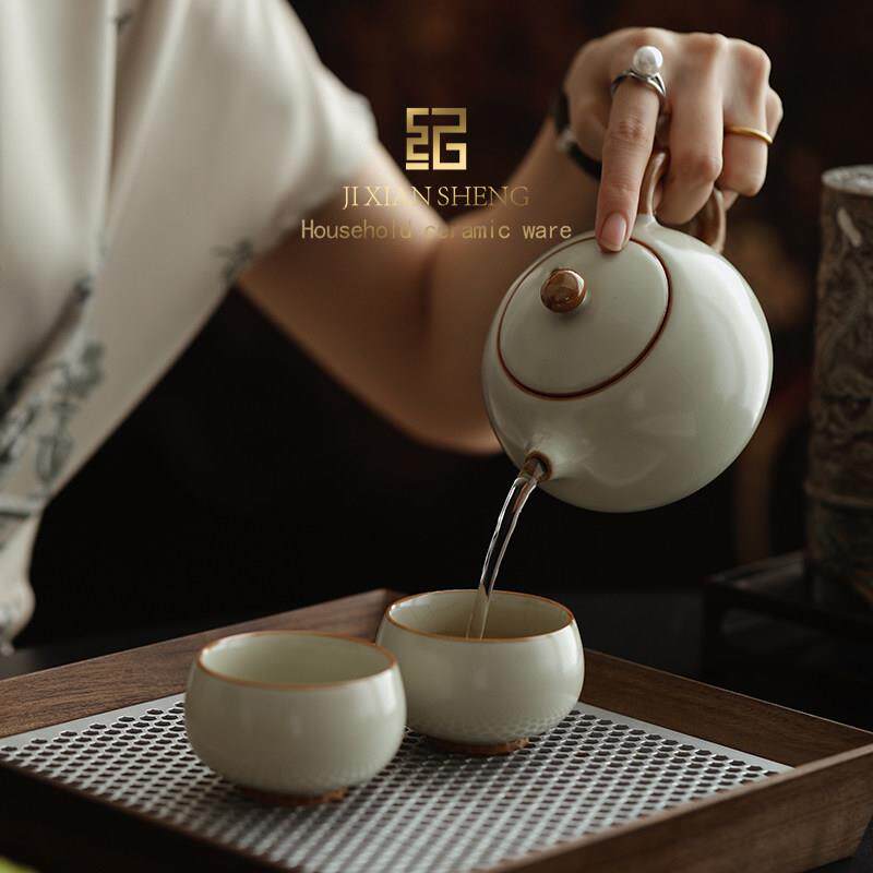 Beige Ru Kiln Xishi Kung Fu Tea Set One Pot and Two Cups as a Birthday Housewarming Gift for Elders, Teachers and Fathers
