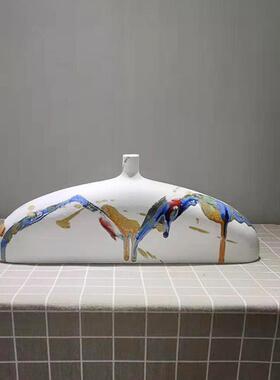 简约田园色釉扁平陶瓷花瓶插花家居装饰电视柜客厅桌面摆件工艺品