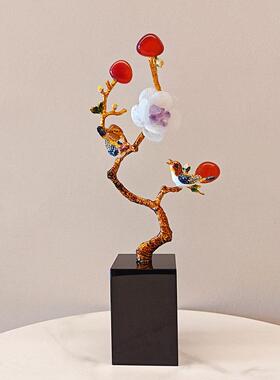 新中式珐琅彩喜鹊梅花摆件电视柜酒柜天然石喜上眉梢乔迁新居礼品
