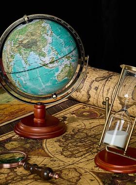 复古怀旧英文地球仪美式家居装饰摆件木质底座婚礼摄影拍摄道具无