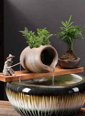 古法养鱼陶瓷罐流水器循环过滤增氧生态缸阳台造景鱼缸装饰摆件