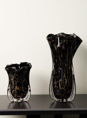 轻奢高级感黑金色大口径玻璃花瓶酒店样板间餐桌台面装饰高档花瓶