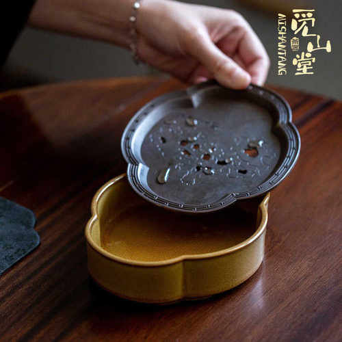高足旧炮做台盘干茶盘复古壶黄铜功夫太湖石水茶茶具拖瓷壶陶承醋 - 图3