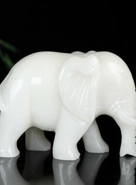 天然汗白玉大象玉石一对摆件招财风水象吸水吸财象玄关客厅装饰象