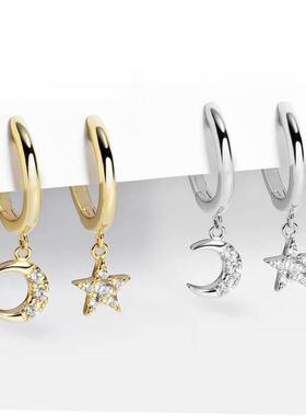 925 Sterling Silver Earrings Gold Color cross Moon Star CZ Z