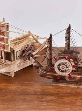 工艺品摆件竹木家居摆设军舰航母玩具模型桌面摆件海盗船木制渔船