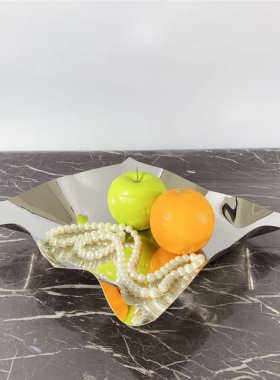 北欧创意镜面抛光褶皱不锈钢亮面金属托盘样板间置物碟摆件