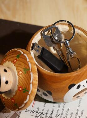 木雕娃娃顶托 托盘熊猫收纳罐钥匙首饰储物盒玄关入户创意小摆件