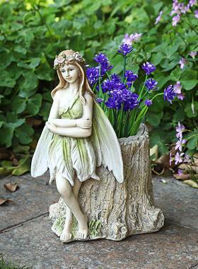 乡村园艺装饰工艺品少女花仙子欧式创意花缸家居摆设树脂雕像摆件