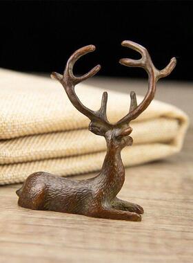 古玩杂项铜器梅花鹿小茶宠创意桌面摆件笔架笔搁包浆小鹿摆件