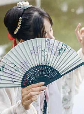 新中式古风折扇粉色扇子夏天竹扇折叠便携汉服旗袍扇晨袍拍照道具