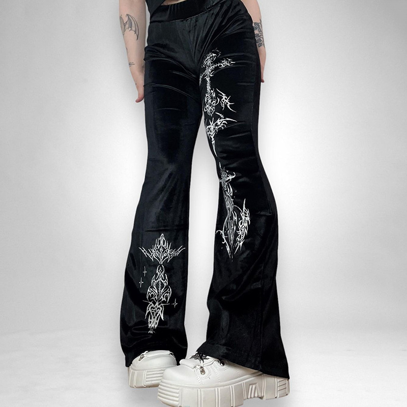 Trendy pants, fashionable velvet printed bell bottomed pants - 图1