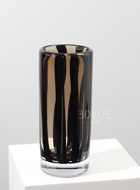 现代简约风黑色棕色条纹琉璃直筒花瓶样板间客厅家居软装饰品摆件