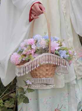 汉服摄影道具花篮新古典舞蹈古风流苏手提竹编篮广场舞花篮子