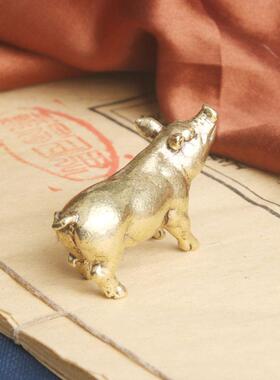 实心黄铜猪桌面摆件铜雕工艺品十二生肖猪摆饰复古茶宠老铜器