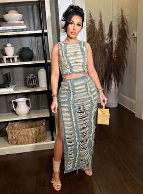 Women's Denim Set Fashionable Personality Handmade Distresse