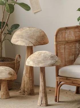 创意实木蘑菇落地摆件样板房软装木质摆设侘寂风复古民宿庭院造景
