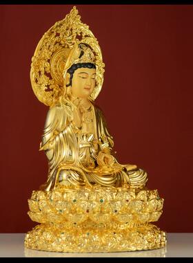 台湾纯铜观音菩萨鎏金家居佛像、三圣南海观音坐莲佛像