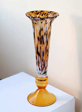 琉璃古风水培花瓶豹纹插花器高脚花瓶金波手工花瓶点厚中洒玻璃花