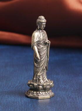 纯黄铜做旧释迦摩尼佛像桌面摆件莲花底座如来佛主神像老铜器