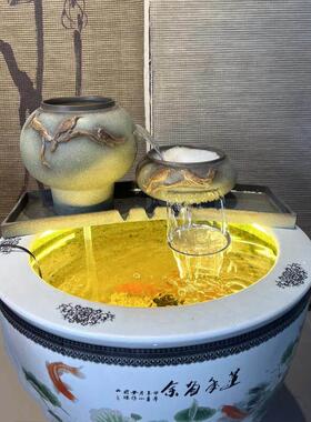 流水瀑布摆件陶瓷罐循环水鱼缸造景过滤增氧流水古法生态鱼缸景观