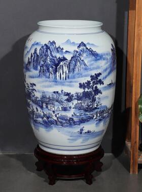 景德镇陶瓷书画收纳缸大号青花瓷手绘字画卷轴缸书房箭筒摆件花瓶