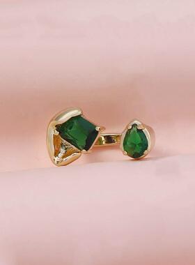 跨境奢华大气祖母绿合金开口排钻几何女戒指百搭简约日常佩戴款女