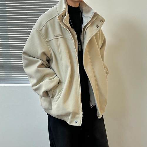 呢子外套男秋冬季新款高级感宽松痞帅男士休闲夹克立领毛呢1218e - 图0