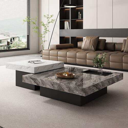 意式轻奢岩板茶几组合现代简约客厅家用方形高低边几 - 图2