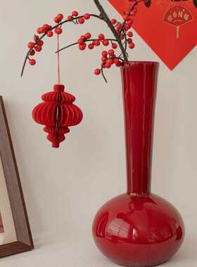 新中式侘寂风中古橄榄绿纯手工小众艺术高级花瓶冬青蝴蝶兰插花瓶