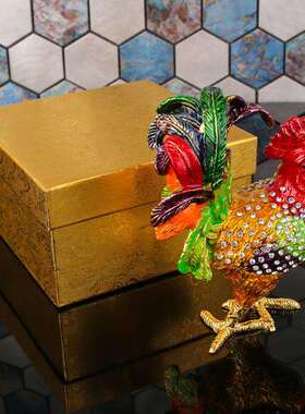 彩釉公鸡摆件鸡鸣富贵吉祥如意招财母鸡合金镶钻首饰盒装饰摆件