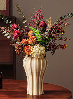 高级轻竖奢装饰品玄关感纹摆件花瓶复古客厅花器家居美式陶瓷插花