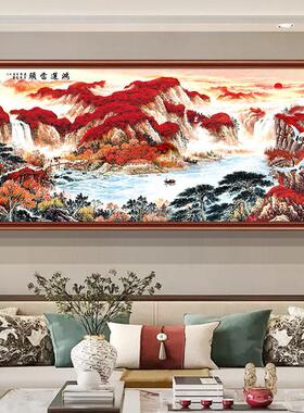 山水画客厅挂画鸿运当头国画风水靠山中式画公室背景实木装饰画