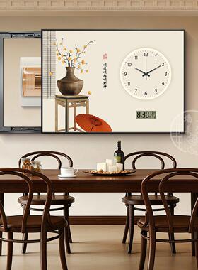 新中式电表箱装饰画带钟表万年历电子钟配电闸箱遮挡饭厅时钟挂画