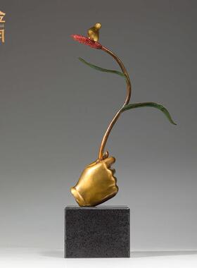 铜金岁月玫瑰枝鸟黄铜器工艺品手持玫瑰花树枝小鸟彩铜工艺品摆件