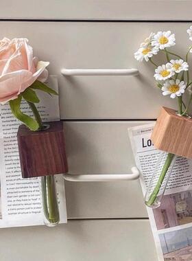 新品实木创意个插器冰箱贴铁磁吸装饰立体花种花养花玻璃试管磁花