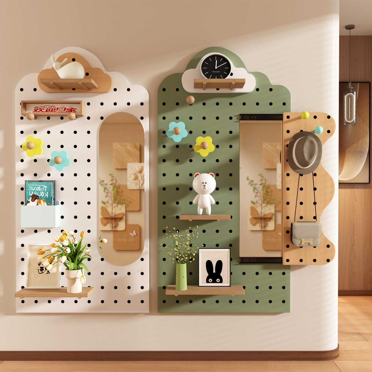 Solid wood hole board storage rack wall hanging storage rack custom entry entrance hole board dressing mirror sliding mirror integrated