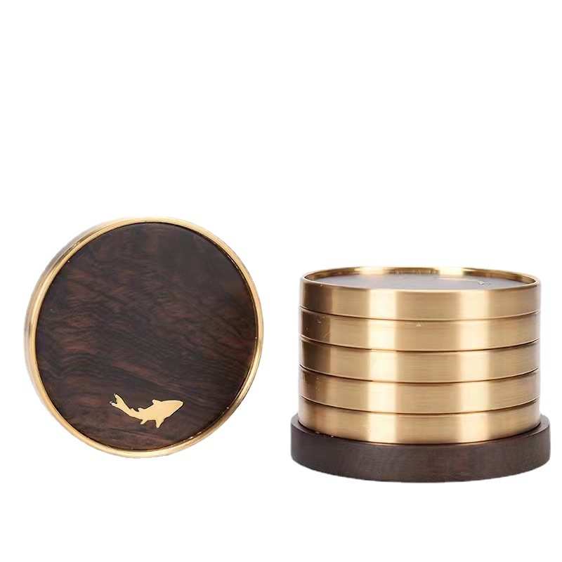 Pure brass tea ceremony coaster copper wood tea cup holder ebony rosewood mat heat-proof and non-slip creative light luxury tea set coaster