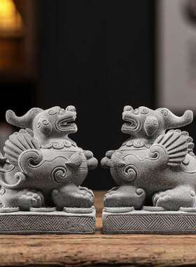 青砂石国潮风石头石雕狮子一对创意鱼缸造景盆景微景观装饰品摆件