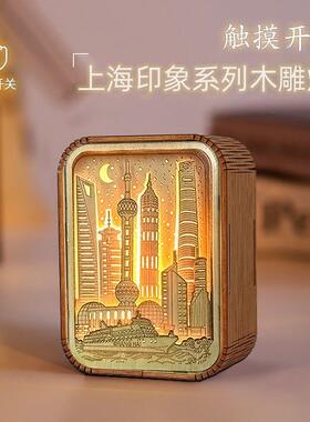 文创木雕灯定制摆件暖白光桌面氛围小夜灯印象创意木质工艺品