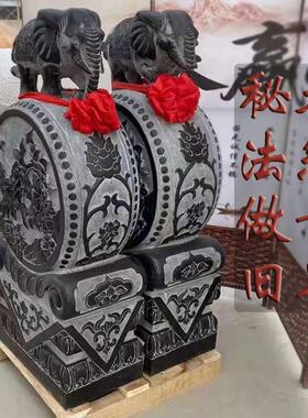 石雕门墩汉白玉小象抱鼓石一对家用彷古石墩招财纳福石鼓门口摆件