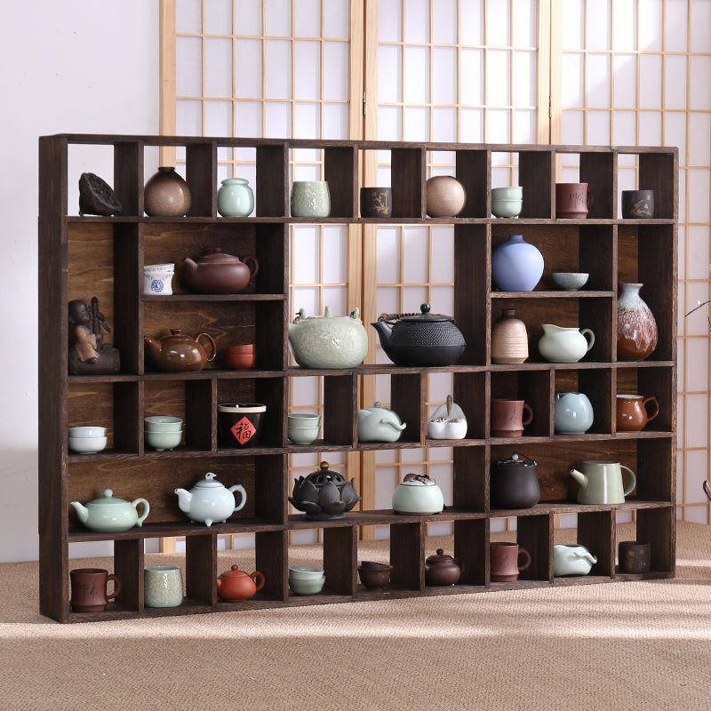 Solid wood wall-mounted ancient rack tea cup rack tea set rack purple sand pot storage rack ornament display rack Duobao Pavilion tea rack